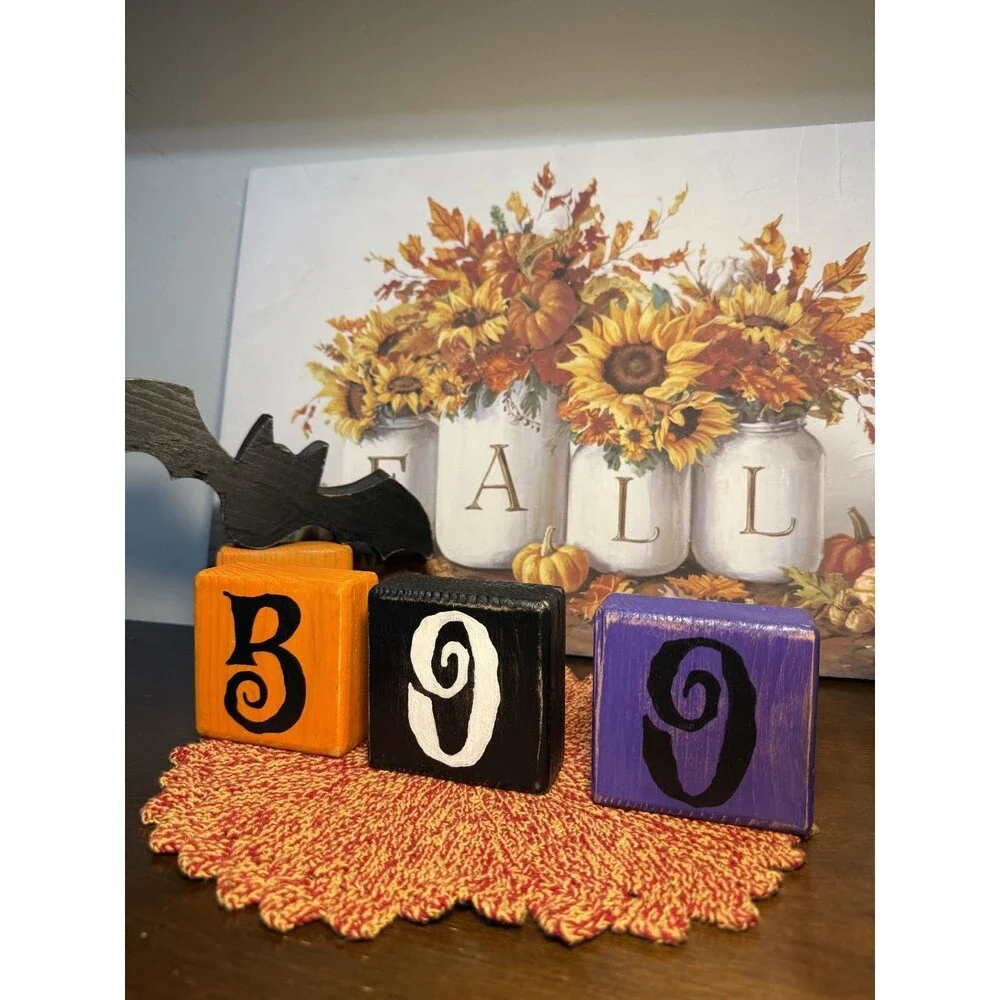 Halloween Decor BOO Wooden Block Handmade Set Primitive Farmhouse Tiered Rustic